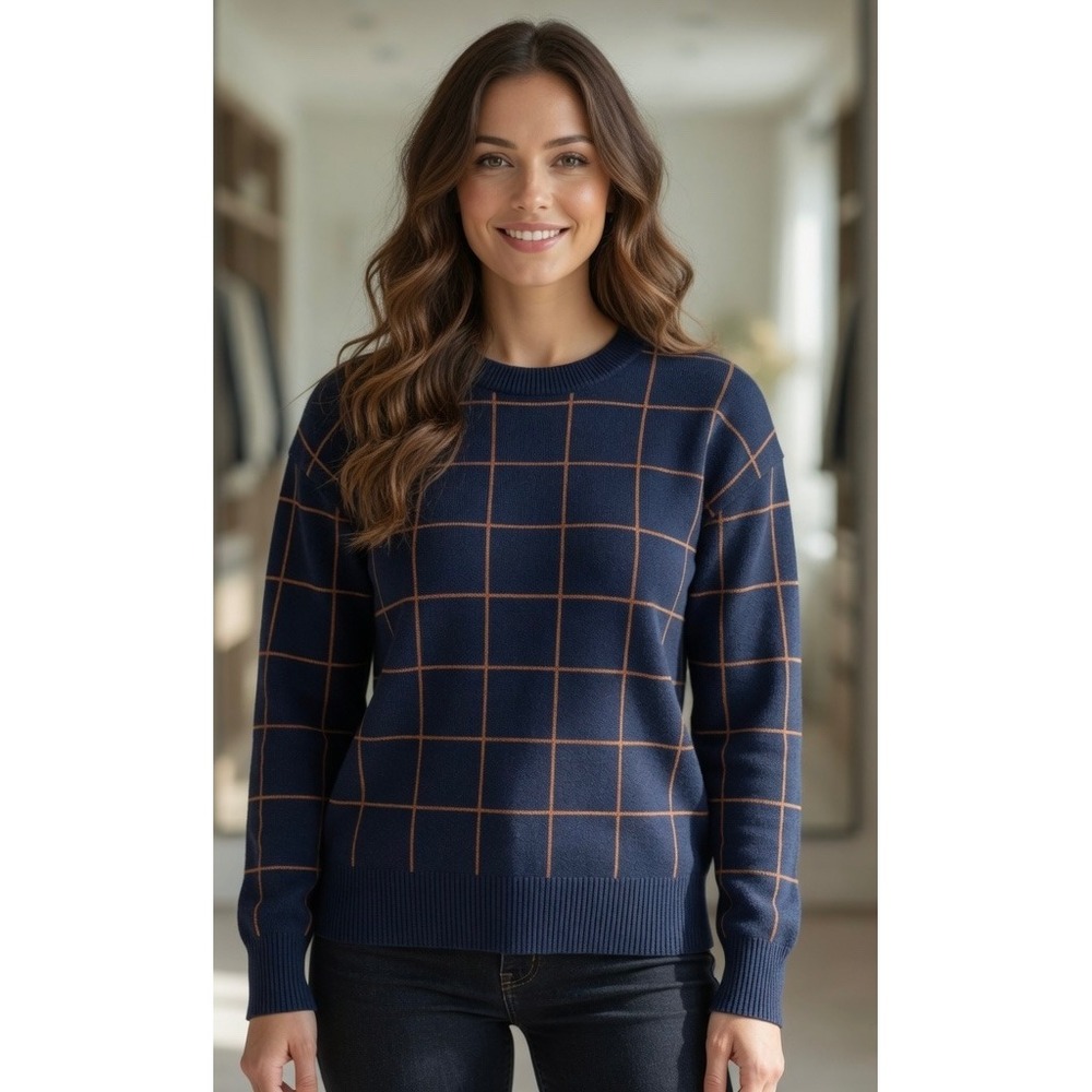 Saks Fifth Avenue Womens Navy Blue‎ Windowpane Grid Crewneck Sweater Small